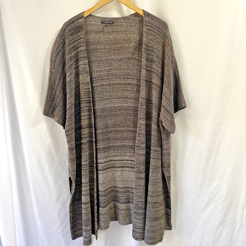 Eileen Fisher Woman OS Black Grey Short Sleeve Open Knit Kimono Duster Cardigan